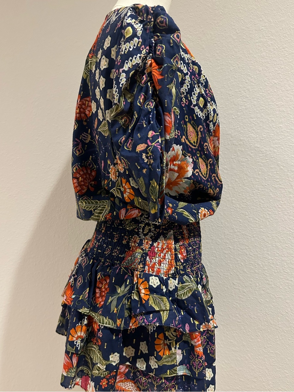 Amanda Uprichard Navy Floral Wrap Mini Dress with Orange & Green Accents - Picture 5 of 7